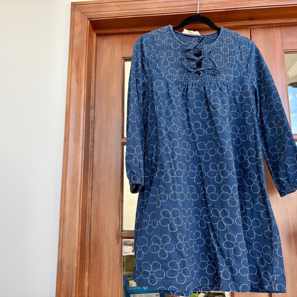 Madewell Quilted Tie-Front Bib Dress in Indigo Floral  Dotted Flower Size M